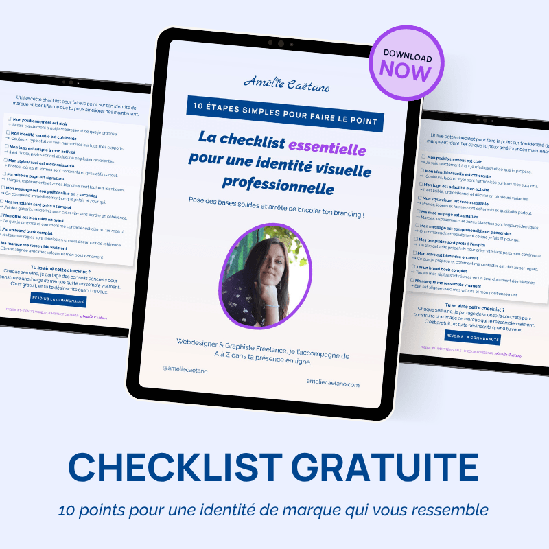 Mockup tablette présentant la checklist gratuite en 10 étapes pour créer une identité visuelle professionnelle, créée par Amélie Caëtano