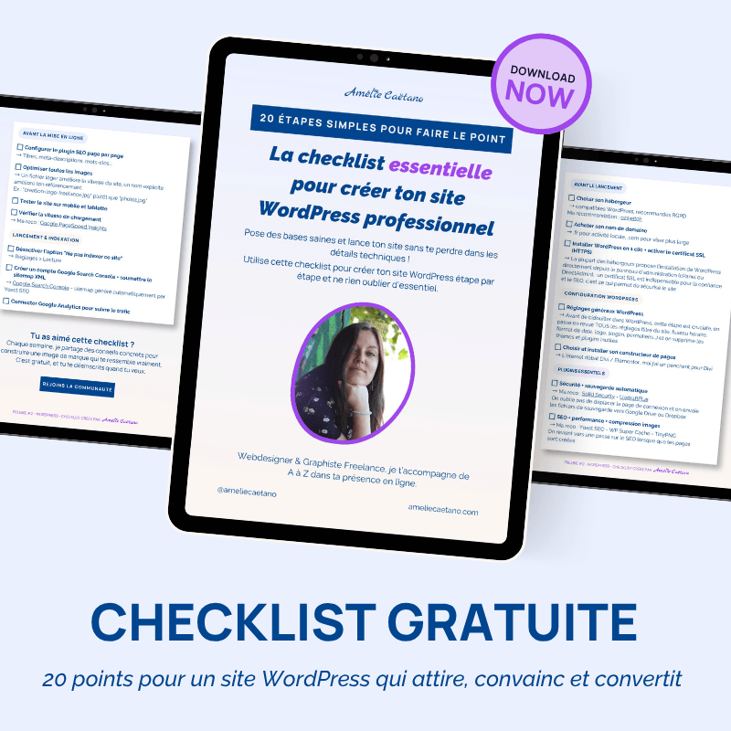 Mockup tablette présentant la checklist gratuite en 20 étapes pour créer un site WordPress professionnel, créée par Amélie Caëtano