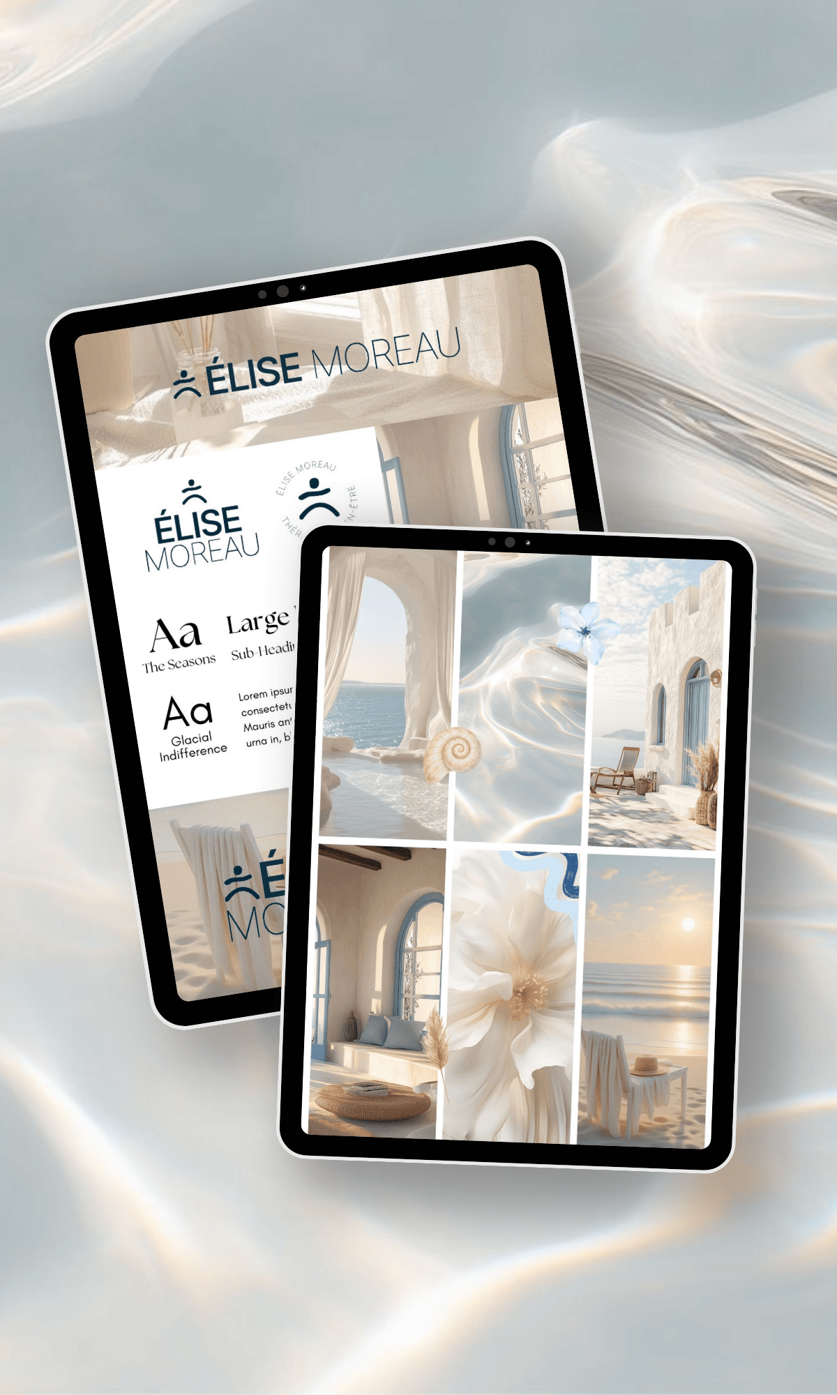 Mockup représentant deux tablettes sur lesquelles on peut voir le moodboard et brandboard d'une thérapeute bien-être.