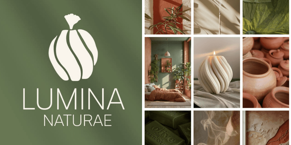 Mockup représentant le logo et le moodboard d'une marque de création de bougies artisanales.