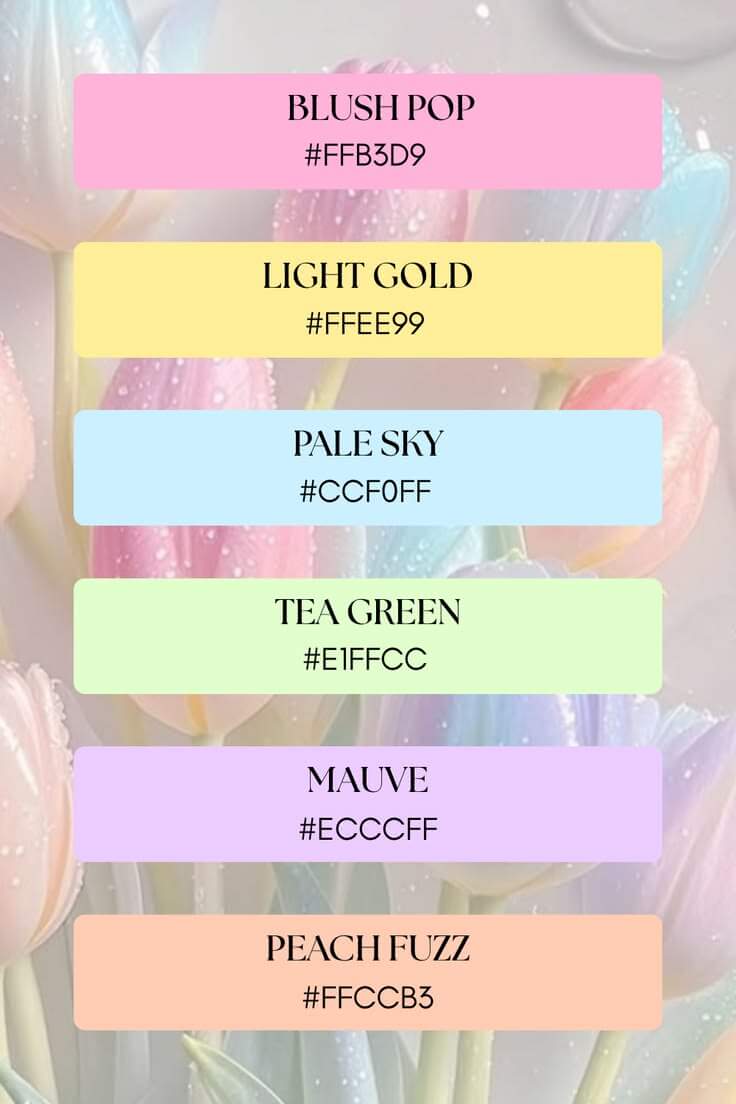 Palette de couleurs pastels pour Pâques. Epingle Pinterest.