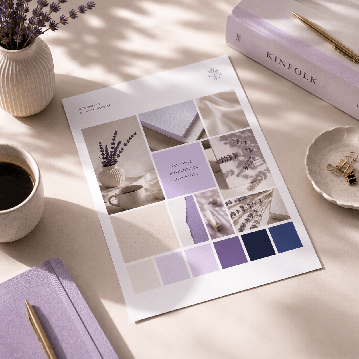 Flat lay de nuanciers et palettes de couleurs pour créer une identité visuelle féminine et professionnelle.
