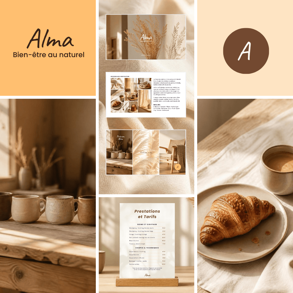 Aperçu de l’identité visuelle Alma : logo manuscrit, palette brun café et ambre, moodboard, photos cosy et flyer de tarifs.