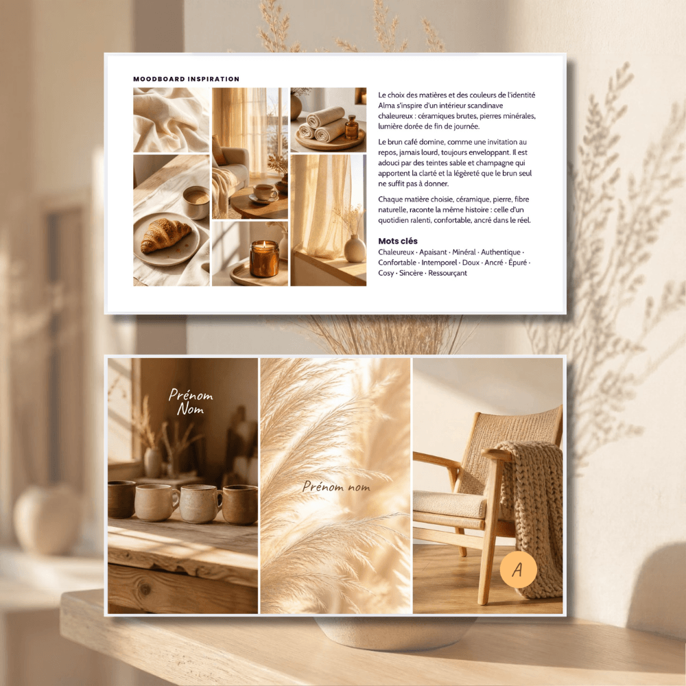 Identité visuelle thérapeute Alma : moodboard cosy scandinave et photos aux tons café et ambre.