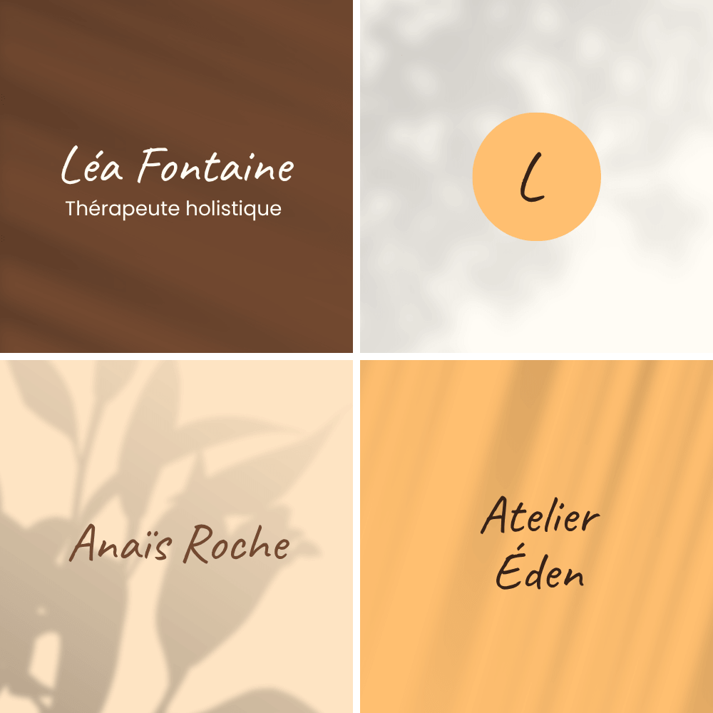 Quatre exemples de logos Alma personnalisés avec des noms de marque, en brun café et jaune ambre.