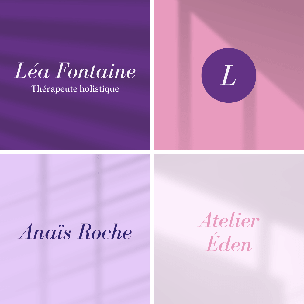 Quatre déclinaisons du logo Céleste en violet, rose et lavande : nom et métier, monogramme dans un cercle, nom seul et logo clair sur fond clair.