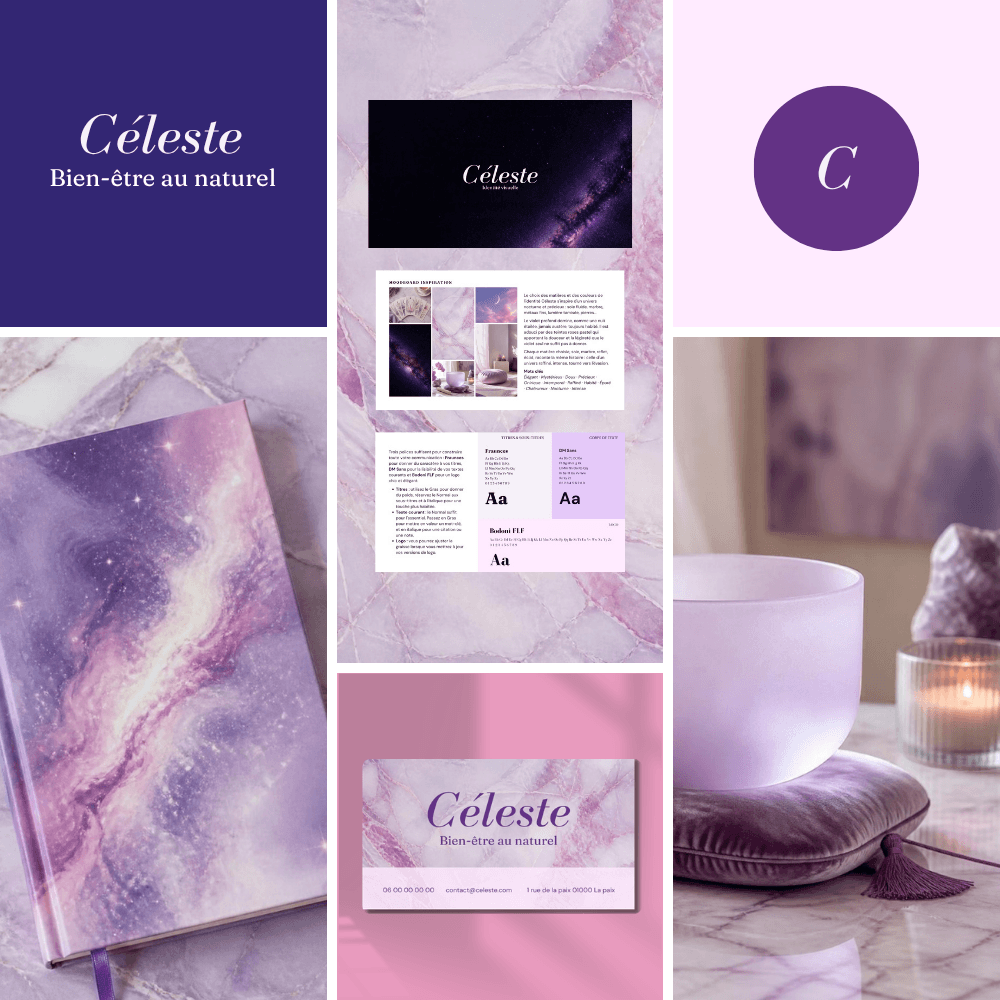 Aperçu de l’identité visuelle Céleste : logo violet, carte de visite, carnet effet voie lactée et bol chantant sur marbre rose.