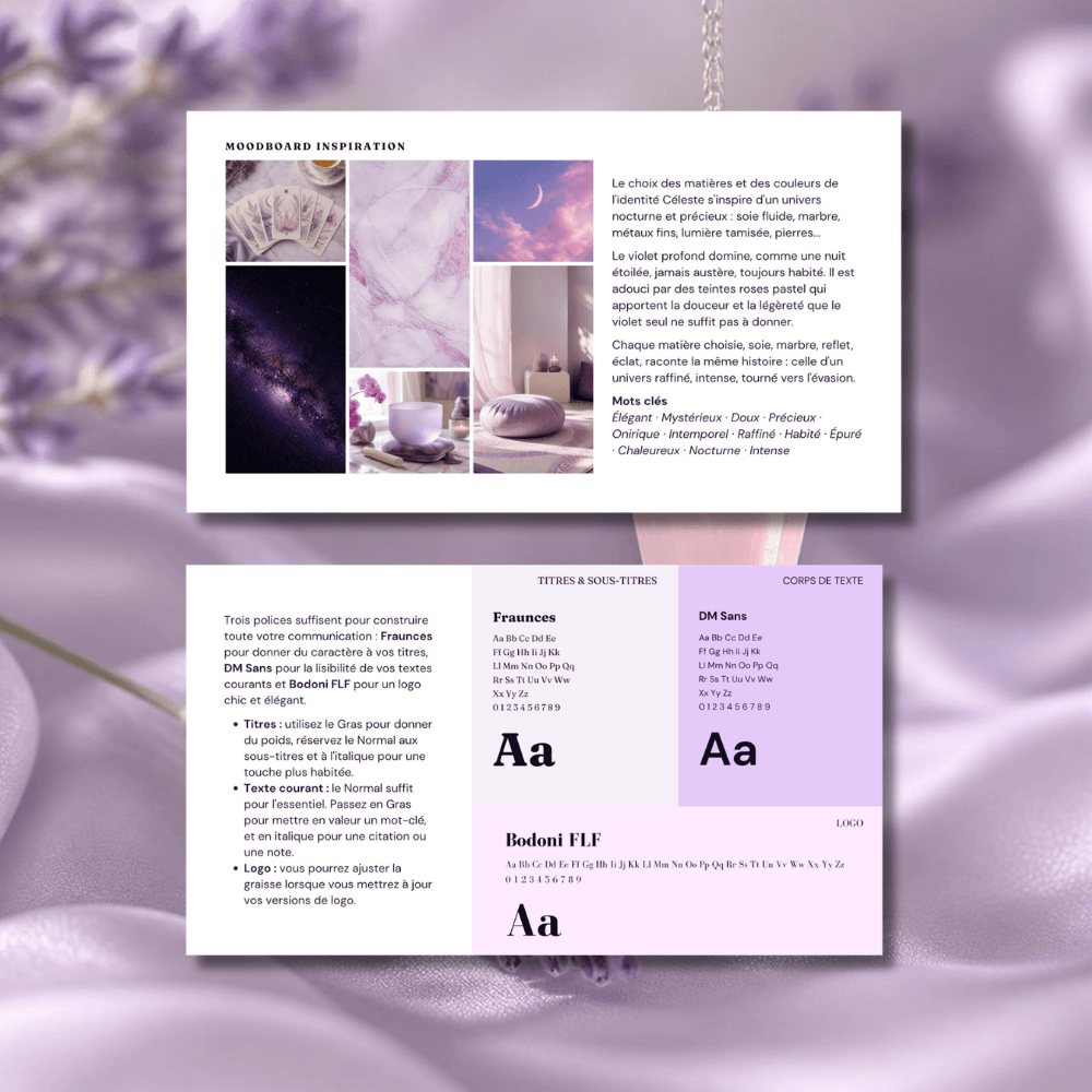 Pages de la charte graphique Céleste présentant le moodboard inspiration et les typographies Fraunces, DM Sans et Bodoni FLF, sur un tissu de soie lavande.