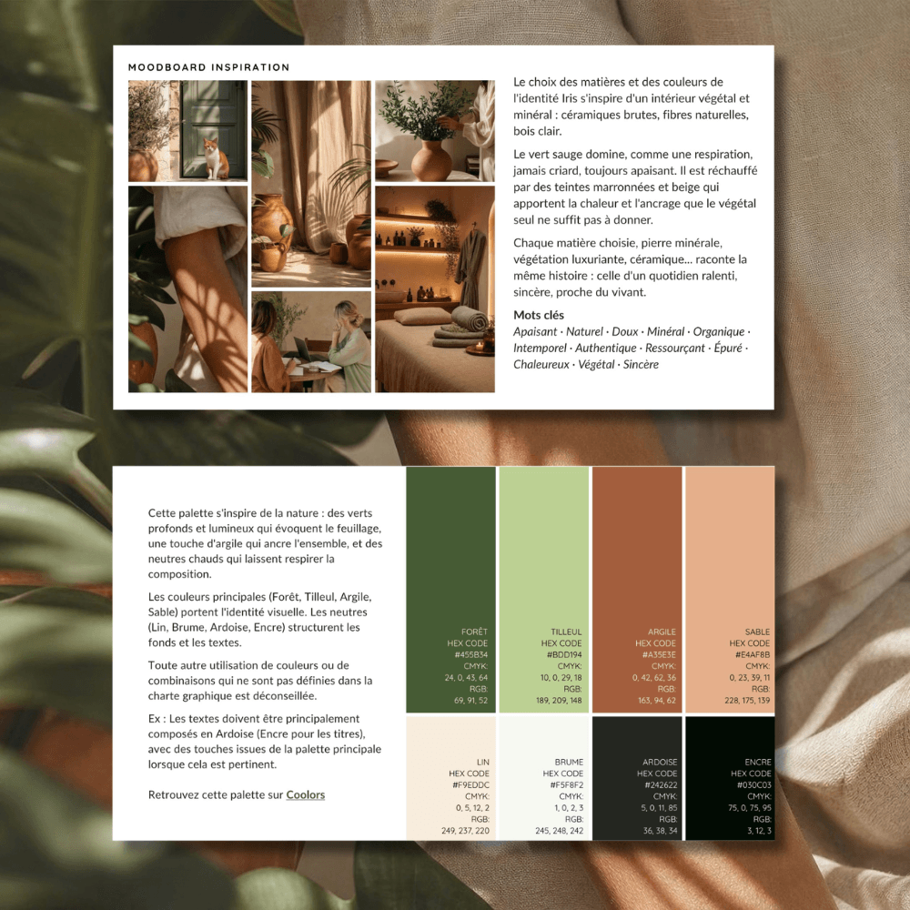 Moodboard et palette de couleurs de l'identité Iris : céramiques, lin et plantes, avec les verts forêt et tilleul, l'argile et le sable.