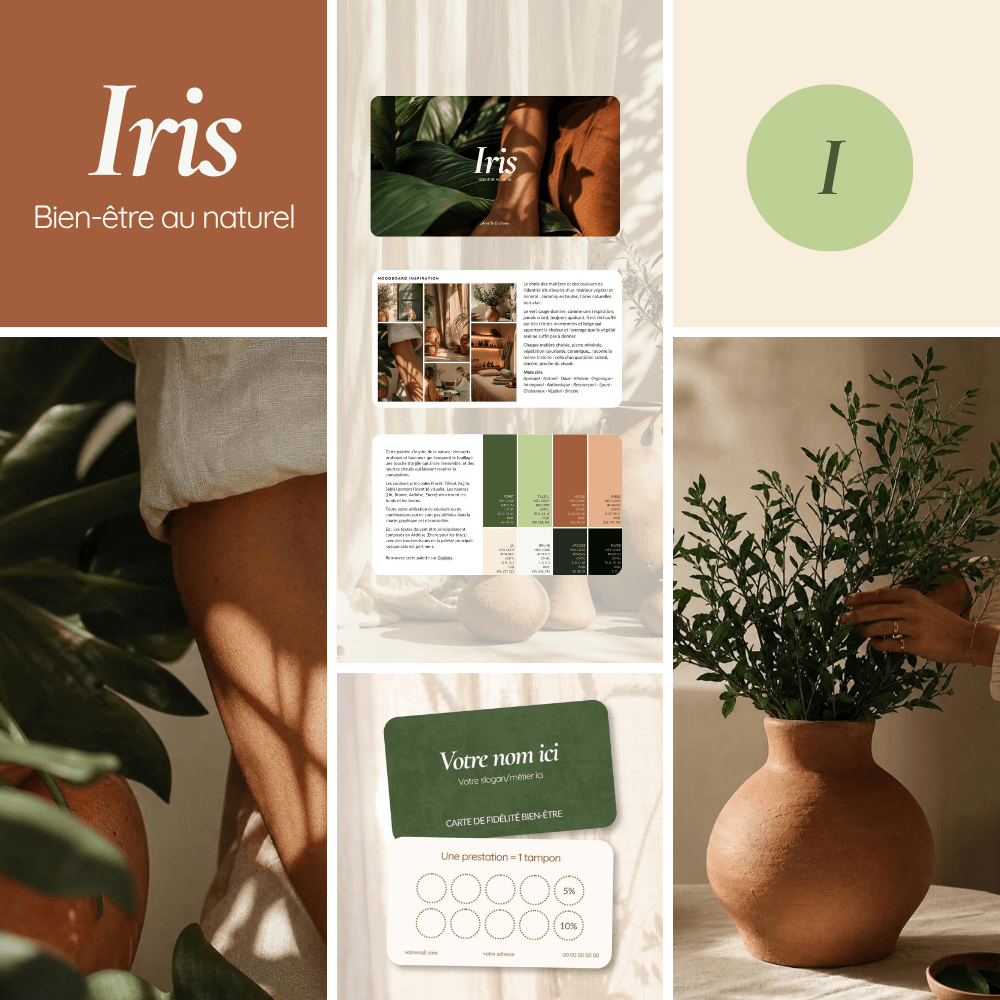 Identité visuelle Iris à adopter : logo vert et crème, moodboard, palette de couleurs et carte de fidélité sur fond de lin et de plantes.